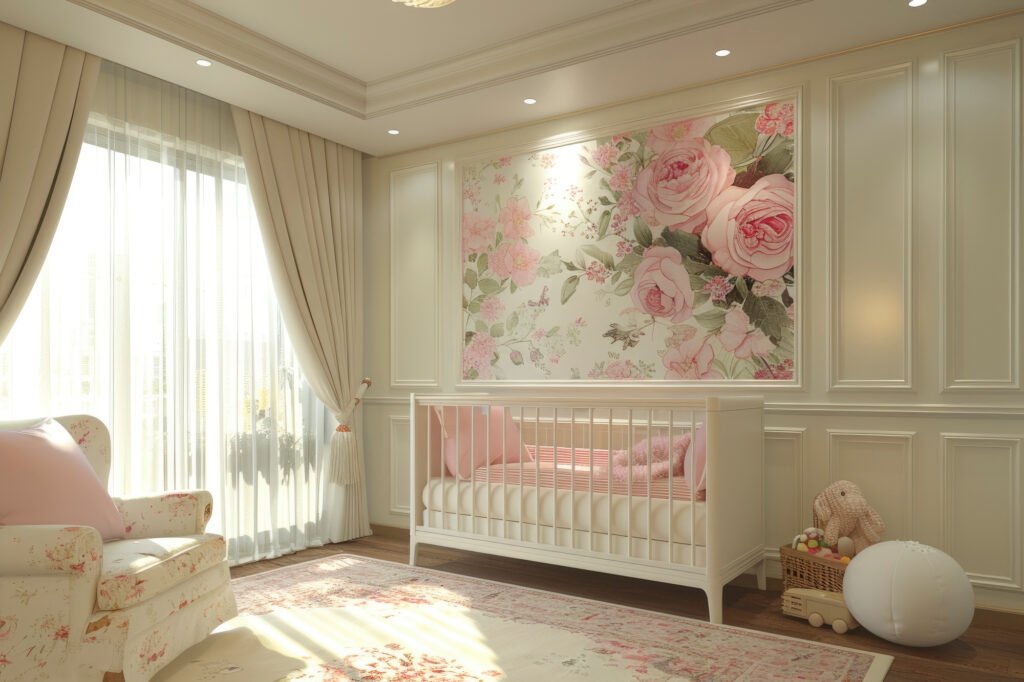 Nursery with curtains closed to help keep the room cool during a summer heatwave.
