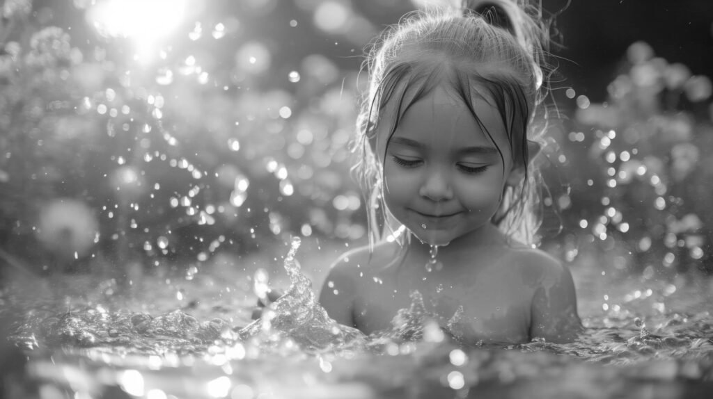 Child playing with water outdoors during a summer heatwave to stay cool and hydrated