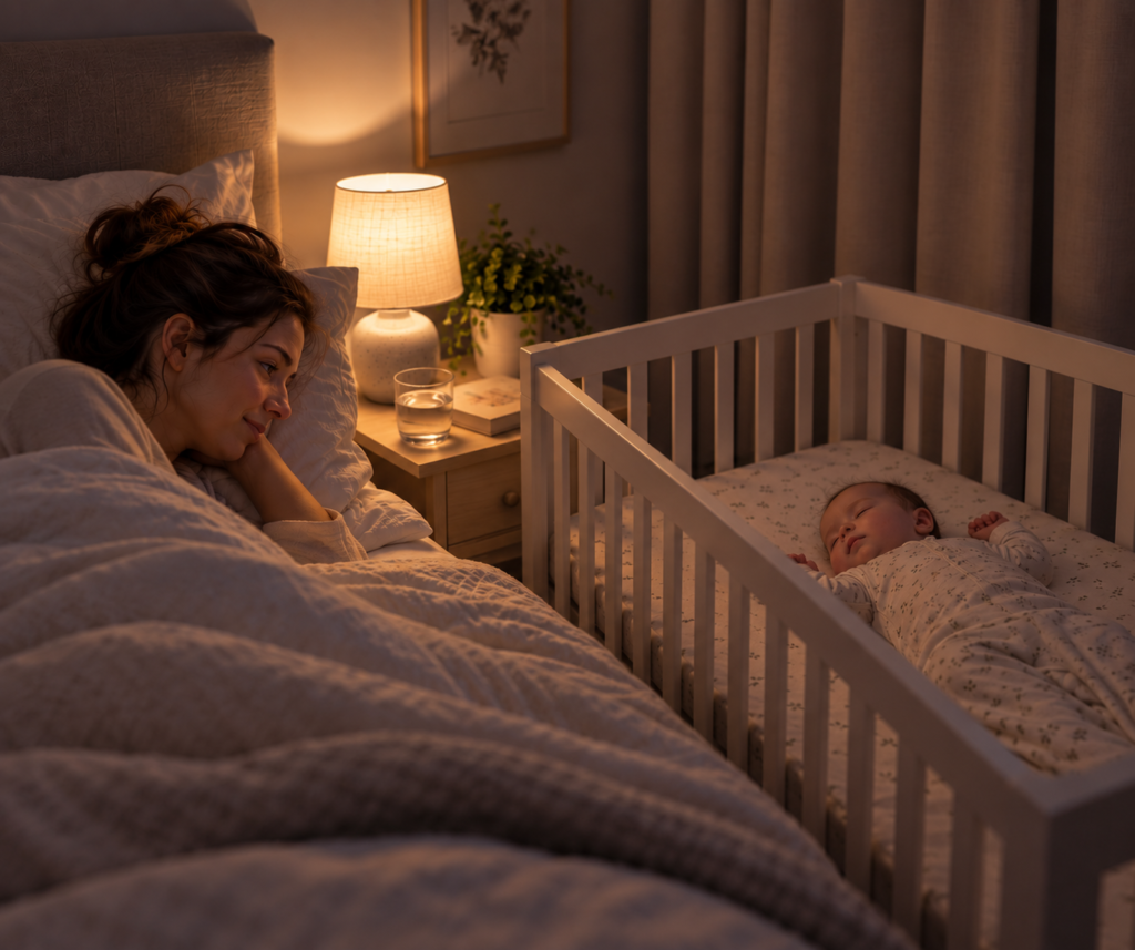 Baby sleeping safely in a clear cot beside mum's bed at night. why does my baby waking every 2 hours at night