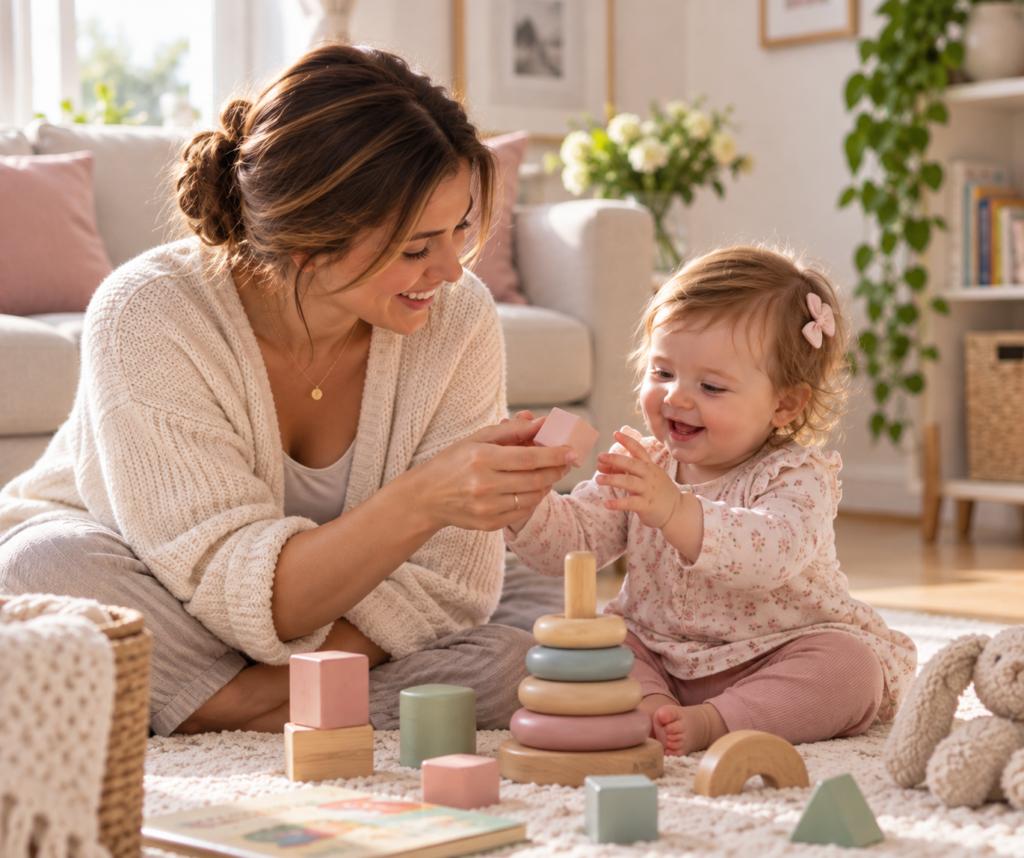 Mum playing with her baby during the day as part of a healthy sleep routine