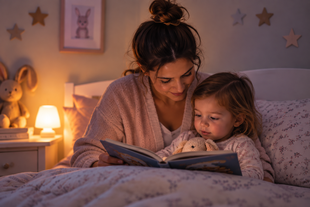 why-does-my-child-keep-waking-at-nigh- reading a bedtime story with toddler as part of a gentle bedtime routine